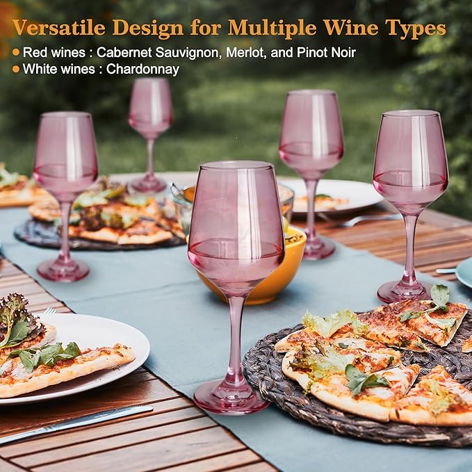 Pink Wine Glasses Set of 6, 14oz Stemmed Glasses, Thick & Colored, Dishwasher Safe Stemware for Red or White, Gift for Party, Holiday, Anniversary, Restaurant, Home Bar, Daily Use