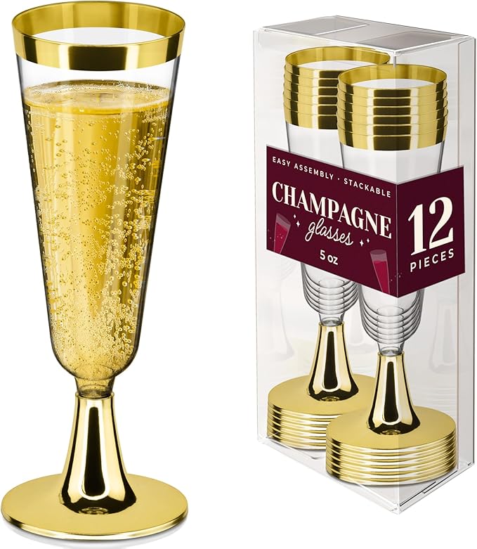 DecorRack 12 Plastic Champagne Flute, 5 Oz -BPA Free- Disposable Wine Glass, Perfect for Outdoor Parties, Weddings, Hosting, Stackable, Reusable, Gold (12 Pack)