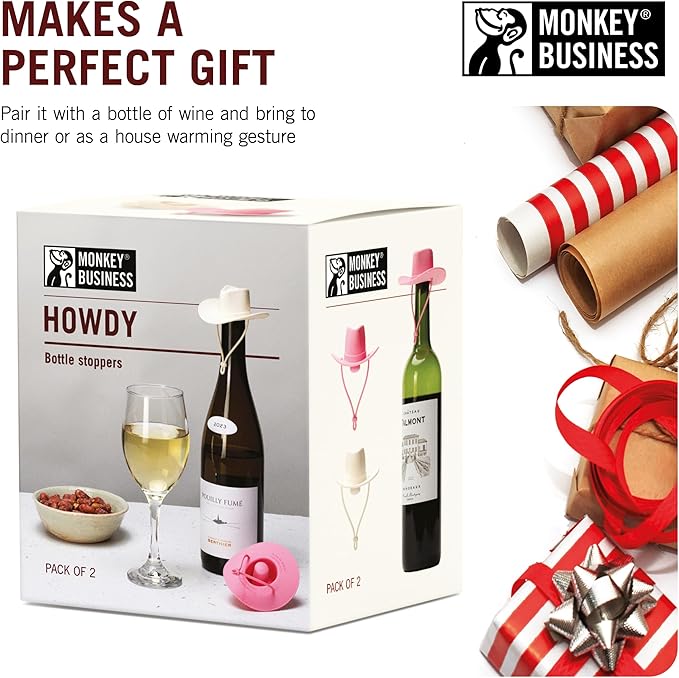 Monkey Business Howdy - 2-Pack Cowboy Hat Wine Stoppers – Fun Silicone Bottle Stoppers Keep Wine Fresh – Novelty Kitchen Gadgets & Cute Wine Accessories (Pink & White)