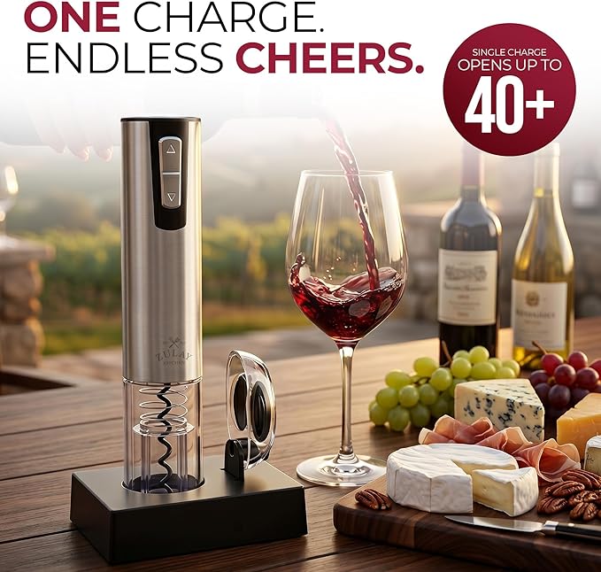 Zulay Kitchen Electric Wine Opener with Charging Base & Foil Cutter - Rechargeable Automatic Corkscrew Wine Bottle Opener for Natural & Synthetic Corks - Stainless Steel Silver