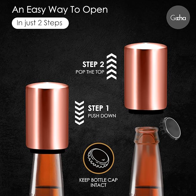 GOCHA | Magnetic Beer Bottle Opener with Automatic Cap Catcher – Stainless Steel Push-Down Gadget, One-Hand Bar Tool for Beer & Soda Bottles (Rose Gold)