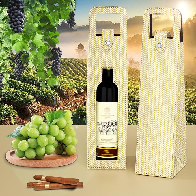 RYDDOY Wine Gift Bag, Reusable Leather Wine Tote Carrier, Single Bottle Champagne Beer Gift Bags Carrier for Birthday, Wedding, Picnic Party, Christmas festival Gifts (Beige)
