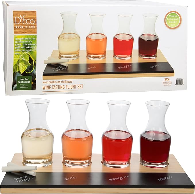 Deco Wine Tasting Flight Sampler Board - Set Includes Four 6 oz Decanter Glasses & Wood Paddle Chalkboard - Great for Charcuterie Boards, Wine Taste Testing, Date Nights - Mothers Day Gifts for Mom