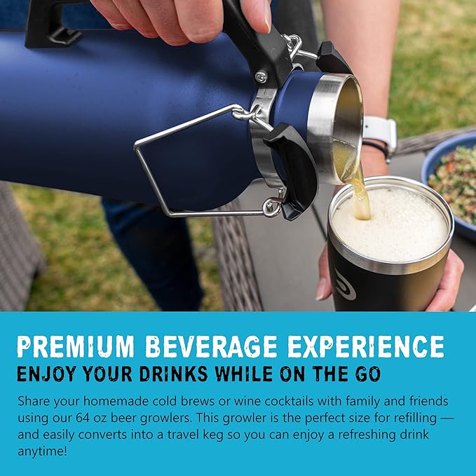 DrinkTanks Craft Growler – 64 oz Vacuum Insulated Stainless Steel Beer Growler with Handle, Leakproof Thermal Beverage Tumbler for Beer, Wine, Coffee, Soda, Kombucha – Reusable & BPA-Free – Storm