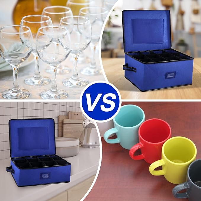 2 Pack Glass Storage Box with Dividers for Mugs & Glassware Coffee Cup Kit Stemware Storage Containers for Packing and Moving 12 Crystal Glassware, Wine Glasses, Drinkware (Blue)