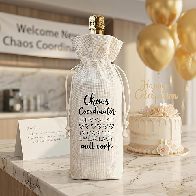 Funny Chaos Coordinator Survival Kit Wine Bag, Linen Drawstring Wine Bottle Gift Bag, Reusable Wine Pouch for Mom Teacher Boss Office Staff, 13 x 5.7 Inch - A12