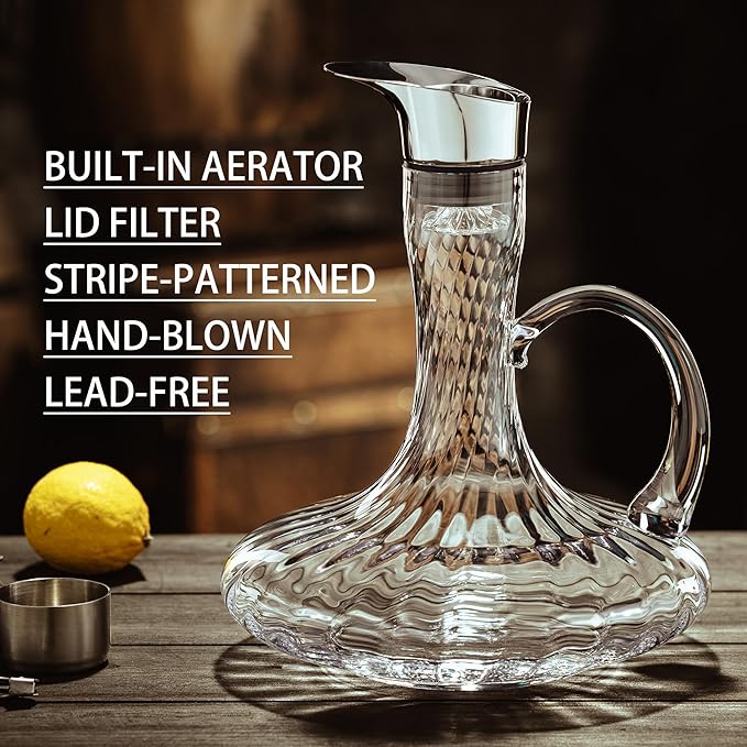 Hand Blown Wine Decanter, 60oz Large Red Wine Decanter With Aerator, Lead-free Striped Glass Carafe, Cute Wine Accessories Set With Handle And Lid Filter, Unique Gifts For Wine Lovers