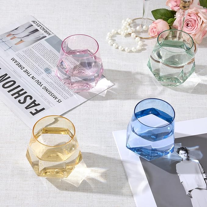 Goodluck 40 PCS Diamond Stemless Plastic Wine Whiskey Glasses, 12 Oz Disposable Cocktail Glasses, Suitable for Weddings, Birthday Parties, Family Gatherings, Bars, etc （Multi-color cups）