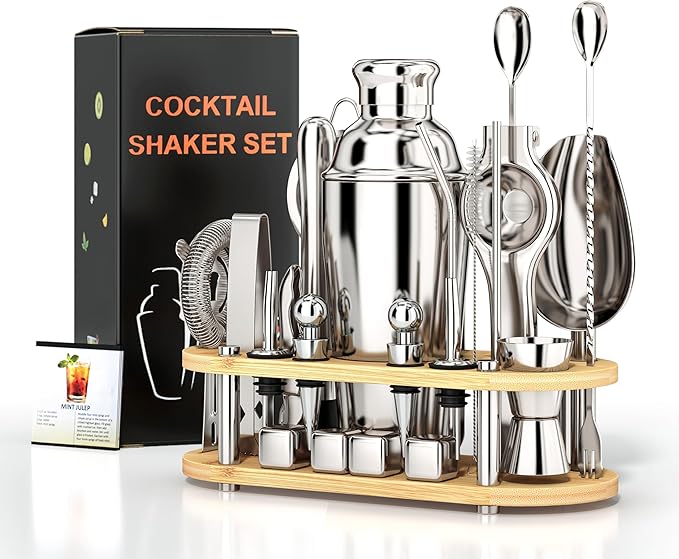 Cocktail Shaker Set, 25-Piece Stainless Steel Bartender Kit with Wood Organizer Stand & Cocktail Recipes, Professional Bar Mixology Tools with All Essential Accessories for Drink Mixing