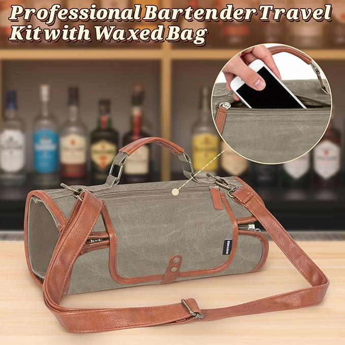 Travel Bartender Kit Bag with 22-Pc Cocktail Shaker Set, Waxed Canvas Protable Carrying Bartender Bag with Stainless Steel Bar Tool Set, Roll-Up Bartenders Kits for Professional Bartenders