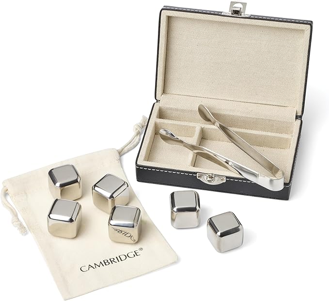 Cambridge Home Bar Accessories, Whiskey Stones Set, 6 Stainless Steel Ice Cube Whiskey Rocks, Tongs, Storage Box & Dust Bag, Barware Tool Sets, Bar Decor, 6 Reusable Ice Cubes in Black Leather Box