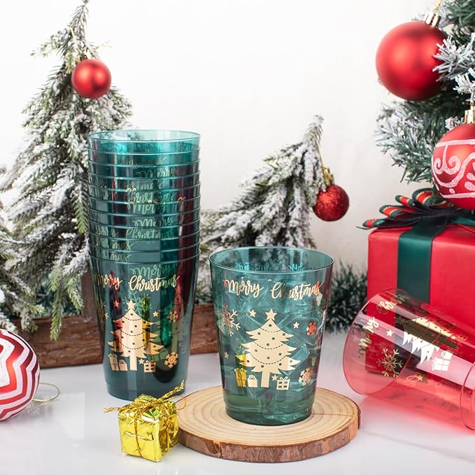 DaYammi 60 Pack Gold Christmas Plastic Cups Disposable, 10 Oz Clear Red Plastic Cups and Green Cups,30 Red Gold Tree Tumblers, 30 Hard Green Cup Bulk for Christmas Party