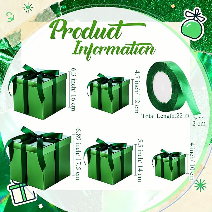Cholemy 5 Pcs Square Nesting Boxes Decorative Gift Boxes with Lid and Ribbon Assorted Sizes Wrap for Wedding, Carnival, Anniversary, Birthday, Bridal Shower Party Gifts(Laser Green)