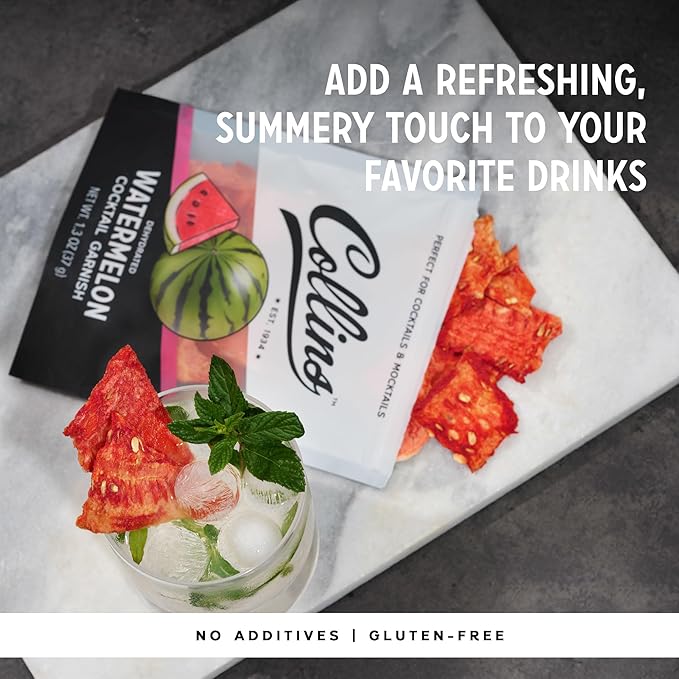 Collins Dehydrated Watermelon Cocktail Garnish Slices, 1.3 oz – Cocktail Garnish – 15 Servings – Dehydrated Watermelon Slices for Margaritas, Spritzes, Palomas, Highballs and Zero Proof Coolers