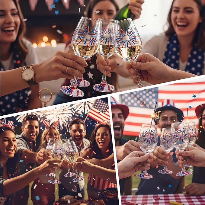 SiliFine 4 Pcs Independence Day 4th of July Party Stemmed Wine Glasses Hand Painted Fireworks USA American Flag Star Drinking Cup Wine Glasses Gifts for Birthday Theme Holiday Party Supplies