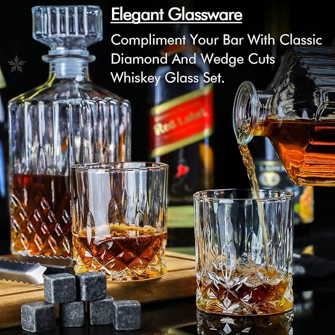 Whiskey Decanter Set for Men, Whiskey Glasses and Decanter with Cooling Stones Clear Glass Whisky Liquor Decanter Set for Whiskey Bourbon Rum Men Fathers'Gift