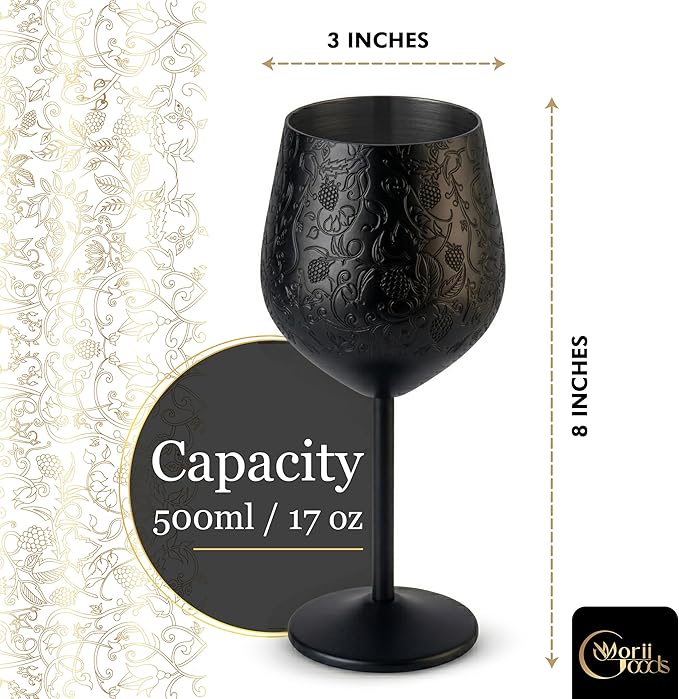 Stainless Steel Wine Glasses - Set of 2 Etched 16 oz Metal Goblets, Unbreakable Black Cups for Camping, Travel, Outdoor Events, Picnics, Luxury Wine Gifts for Women and Men (Matte Black)