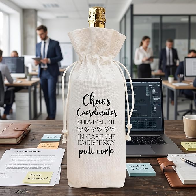 Funny Chaos Coordinator Survival Kit Wine Bag, Linen Drawstring Wine Bottle Gift Bag, Reusable Wine Pouch for Mom Teacher Boss Office Staff, 13 x 5.7 Inch - A12
