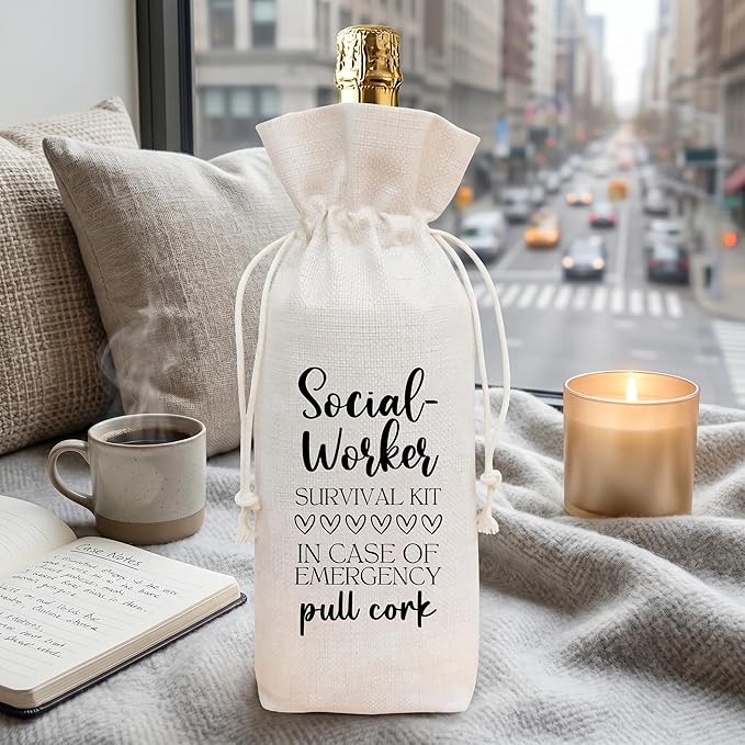 Funny Social Worker Survival Kit Wine Bag, Linen Drawstring Wine Bottle Gift Bag, Reusable Wine Pouch for Social Worker Appreciation Retirement Birthday, 13 x 5.7 Inch - A10
