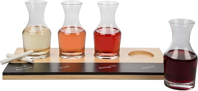 Deco Wine Tasting Flight Sampler Board - Set Includes Four 6 oz Decanter Glasses & Wood Paddle Chalkboard - Great for Charcuterie Boards, Wine Taste Testing, Date Nights - Mothers Day Gifts for Mom