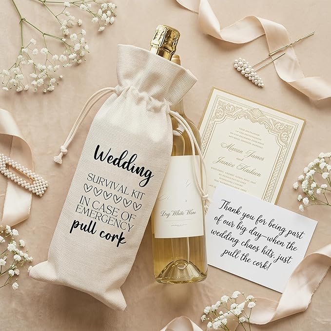 Wedding Gift Wine Bag for Bride Groom, Funny Survival Kit Linen Drawstring Wine Bottle Cover, Reusable Wine Pouch for Bridal Shower Engagement Wedding Anniversary Gift - A09