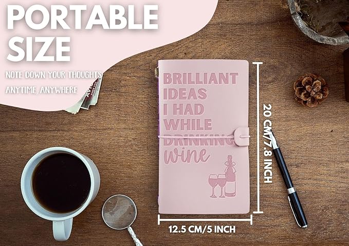 Wine gifts Leather Journal Notebook with Pen, for Wine Lovers, Men, Women on Birthday, Refillable Sketchbook, Travel Diary, Lined Planner, 7x5 Inches, Pink - Brilliant Ideas - Leather embossing
