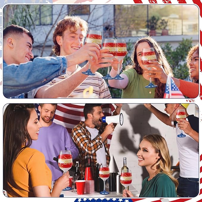 SiliFine 4 Pcs 4th of July Patriotic Party Stemmed Wine Glasses Hand Painted American Flag Stripes Fireworks Drinking Cup Wine Glasses Gifts for Independence Day Theme Holiday Party Supplies