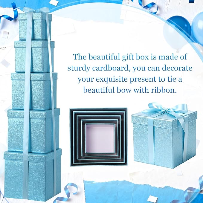 Cholemy 5 Pcs Square Nesting Boxes Decorative Gift Boxes with Lid and Ribbon Assorted Sizes Wrap for Wedding, Carnival, Anniversary, Birthday, Bridal Shower Party Gifts(Light Blue)