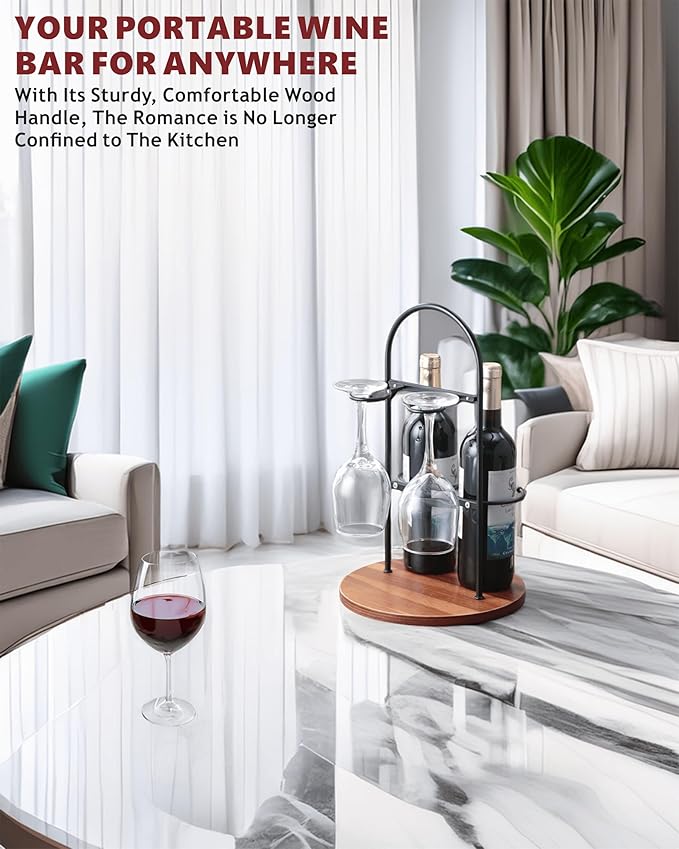 Wine Bottle and Glass Holder for Countertop | Small Wine Rack for 2 Bottles & 2 Glasses | Modern Tabletop Wine Storage with Round Wood Base | Freestanding Wine Stand & Caddy for Home Bar (Black)
