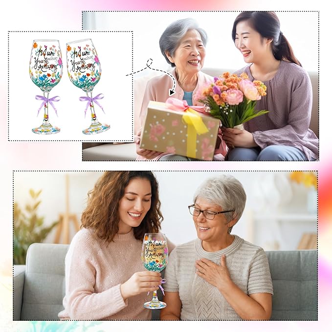 SiliFine 2 Pcs Mother's Day Floral Stemmed Wine Glasses Hand Painted Flower Drinking Cup with Bow Wine Glasses Gifts for Birthday Theme Holiday Party Supplies