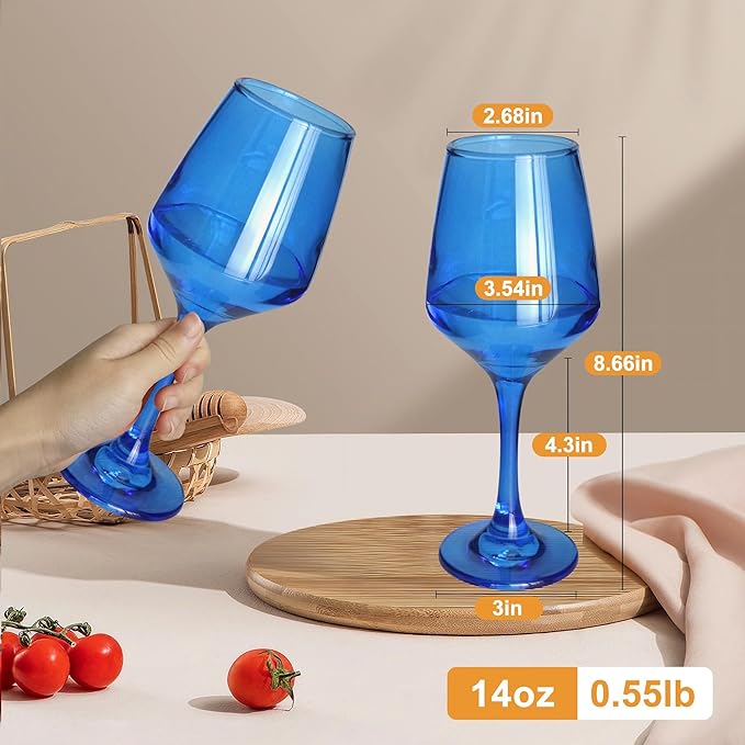 Blue Wine Glasses Set of 6, 14oz Stemmed Glasses, Thick & Colored, Dishwasher Safe Stemware for Red or White, Gift for Party, Holiday, Anniversary, Restaurant, Home Bar, Daily Use