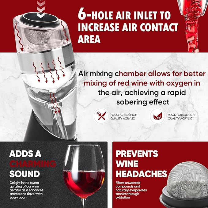 D&Slifei Wine Aerator Pourer and Decanter with Unique Aeration Device Quickly Enhances Wine Flavors with Smoother Finish,Best Gifts for Wine Lovers and Sommeliers.(Silvery)