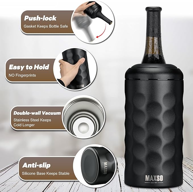 MAXSO Wine Chiller Bucket, Portable 750 ml Champagne & Wine Bottle Cooler Keep Wine & Beverages Cold, Stainless Steel Vacuum Insulated Wine Gifts for Wine Lovers - Black