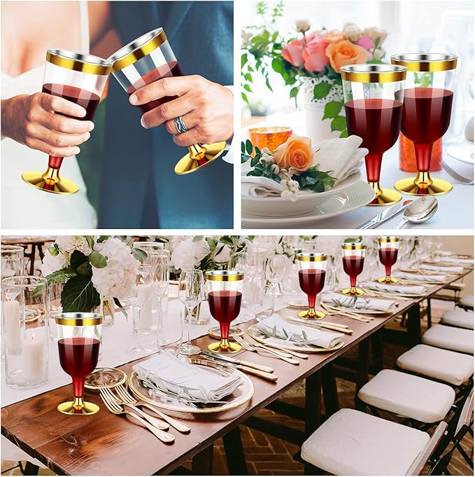 CHENGU 100 Pcs Plastic Wine Glasses 7 oz Gold Rimmed Mini Stemware with Removable Base for Wedding Parties Birthday Anniversary Champagne Toasting(gold)
