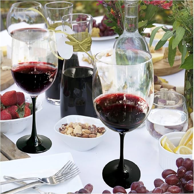Lily's Home Unbreakable Stemmed Red Wine Glasses, Made of Non Breakable Shatterproof Plastic, Indoor and Outdoor Drinkware, Reusable and Dishwasher-Safe, 22 oz. Each, Set of 4 (Black Stem)