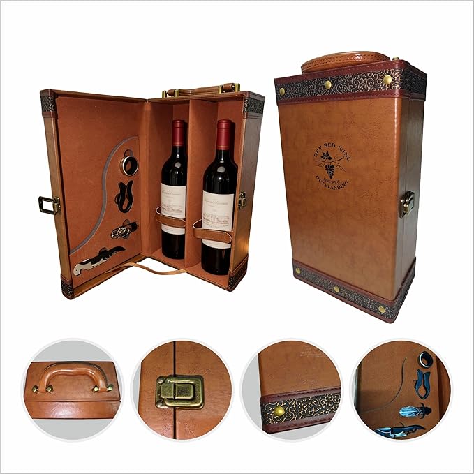 Wine Gifts Box with 4 Wine Accessories Set & Storage Box, 2-Bottle Tote Carrier Case for Wedding, Christmas, Party, Collection & Home Bar Decor (Brown)