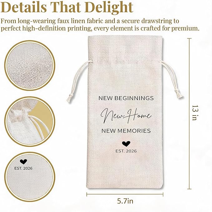 Housewarming Gift Wine Bag, New Home New Beginnings Linen Drawstring Wine Bottle Bag, Reusable Wine Pouch for New Homeowner Closing Gift, 13 x 5.7 Inch - A08