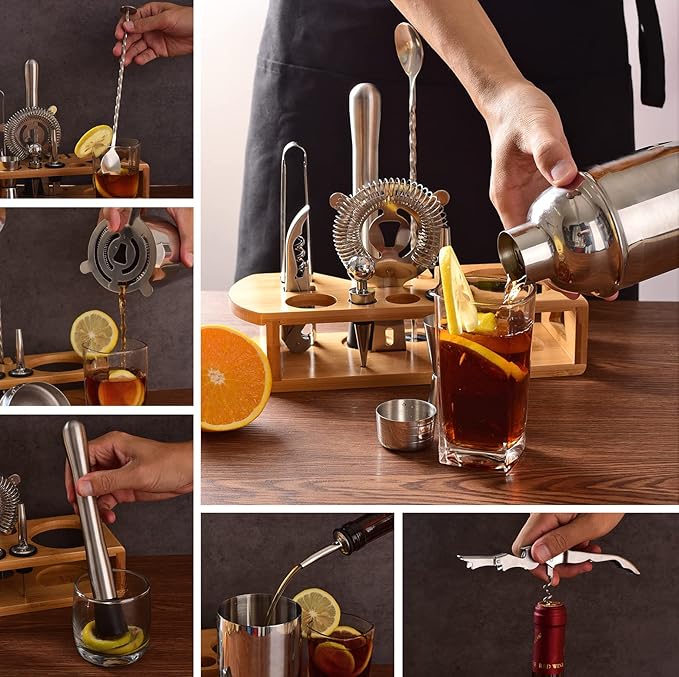 Cocktail Shaker Set Bartender Kit : 12-Piece Bar Tool Set with Bamboo Stand | Bars Set with All Practical Bar Accessories, for Drink Mixing, Bar, Home, Lounge & Party (Silver)