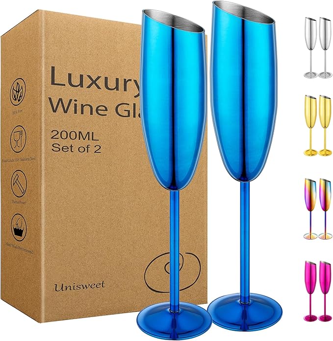 Champagne Flutes Set of 2, Premiumty Stainless Steel High Footed Champagne Glasses, 7oz Capacity,Unbreakable Slanted Champagne Glasses