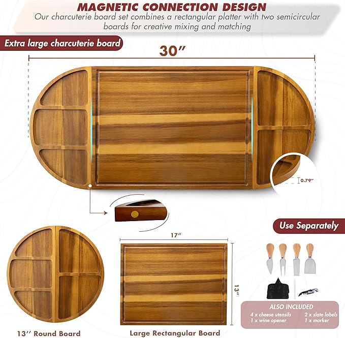 Extra Large Charcuterie Boards, 30'' x 13'' Acacia Cheese Board 3 Part Magnetic Long & Round Boards with Knive Set, Wine Opener & Cheese Marker, Unique Serving Tray for Birthday, Wedding Gift