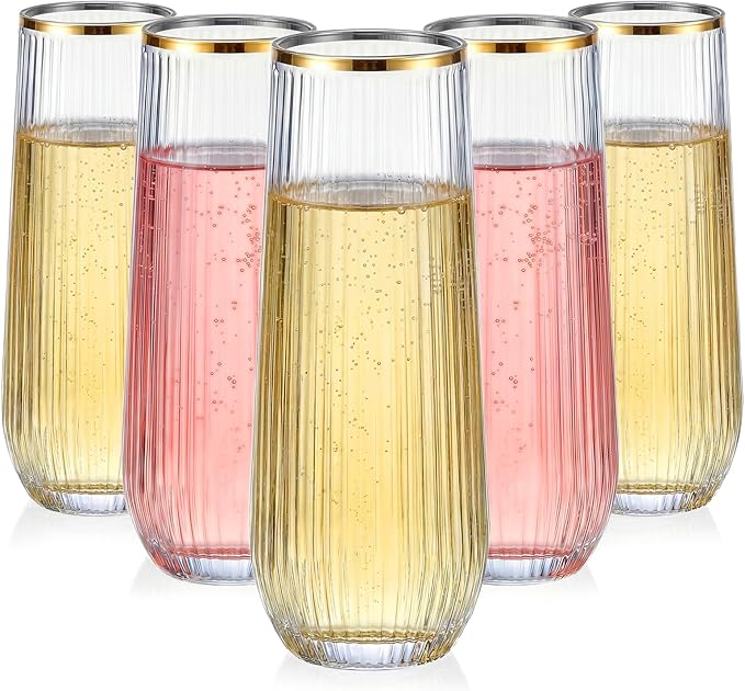 GuanQiao 24 Pack Stemless Plastic Champagne Flutes with Gold Rim, 9oz Ribbed Disposable Champagne Glasses, Heavy Duty Shatterproof Mimosa Glasses for Wine Wedding Bridal Shower Party Supplies Birthday