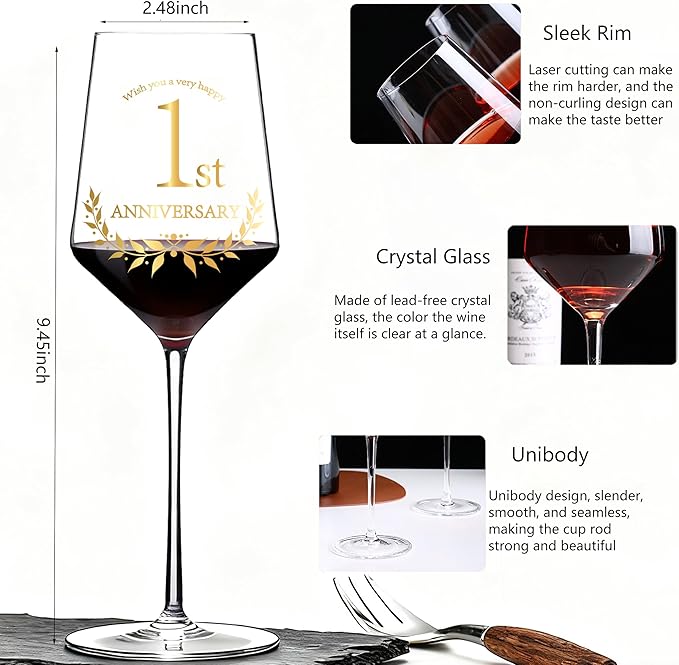 1 Year Anniversary Wine Glass Gift Set of 2 Happy 1st Anniversary Package with 2 Wine Glasses, Wine Bag, and Greeting Card Gifts for Couple Husband and Wife