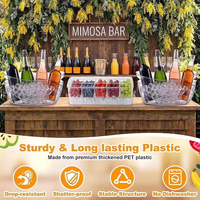 17 Pcs Mimosa Bar Supplies Include Clear Ice Bucket 5l Plastic Wine Tub with Scoops, Garnish Tray Ice Chilled Condiment Server Bar Caddy with Lid Forks Tong for Party Beverage Serving