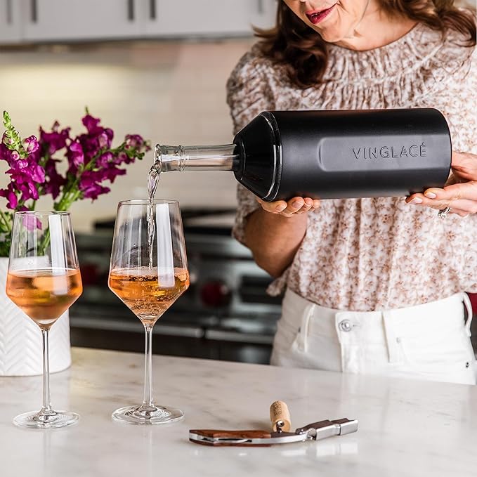 Vinglacé Wine Bottle Chiller Gift Set- Portable Stainless Steel Wine Cooler with 2 Stemless Wine Glasses, Black