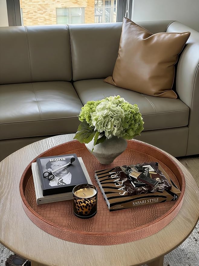 HofferRuffer Large Round Serving Tray 24'', Elegant Faux Leather Circle Ottoman Table Tray, Serve Tea Coffee Breakfast in Bedroom Living Room Kitchen (Antique Brown, 24'')