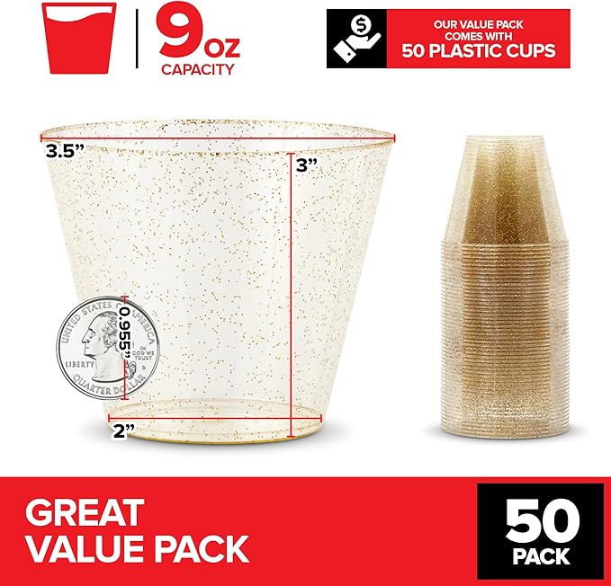 Stock Your Home 9oz Gold Glitter Plastic (50 Pack), Elegant Party Glasses for Birthdays, Weddings and Holidays, Fancy Disposable Cocktail, Clear and Gold, Bulk Wine and Mimosa