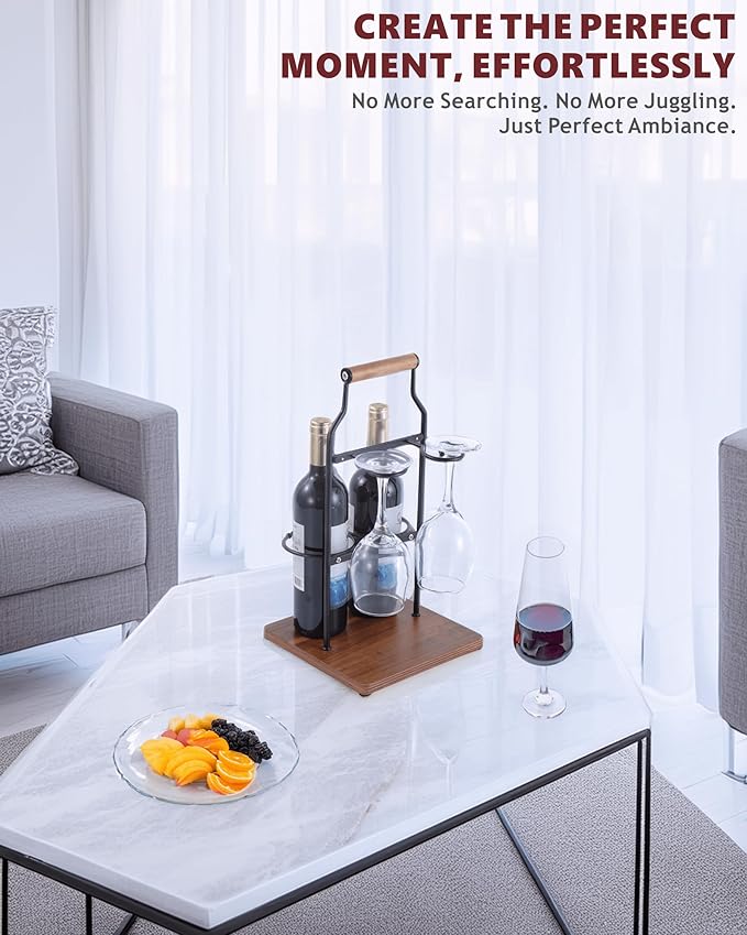 Countertop Wine Rack and Glass Holder | Portable Wine Caddy Holds 2 Bottles & 2 Glasses | Small Wine Rack with Wood Base, Perfect for Tabletop Wine Storage & Home Bar Decor (Black)
