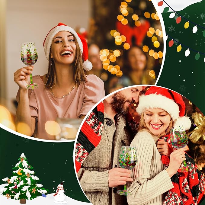 SiliFine 4 Pcs Christmas Holly Berry Party Stemmed Wine Glasses Hand Painted Drinking Cup Wine Glasses Gifts for Birthday Theme Holiday Party Supplies