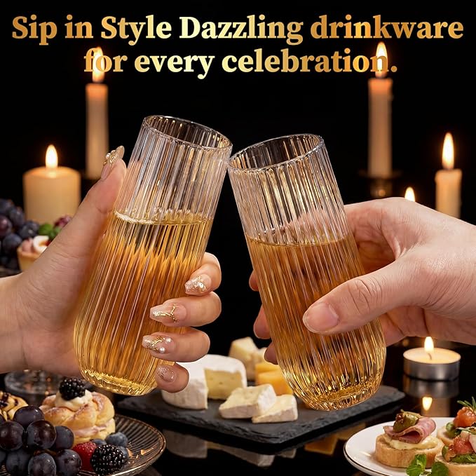GuanQiao 24 Pack Stemless Plastic Champagne Flutes, 9oz Ribbed Disposable Champagne Glasses, Heavy Duty Shatterproof Mimosa Glasses for Wine Tasting, Wedding, Bridal Shower, Party Supplies, Birthday
