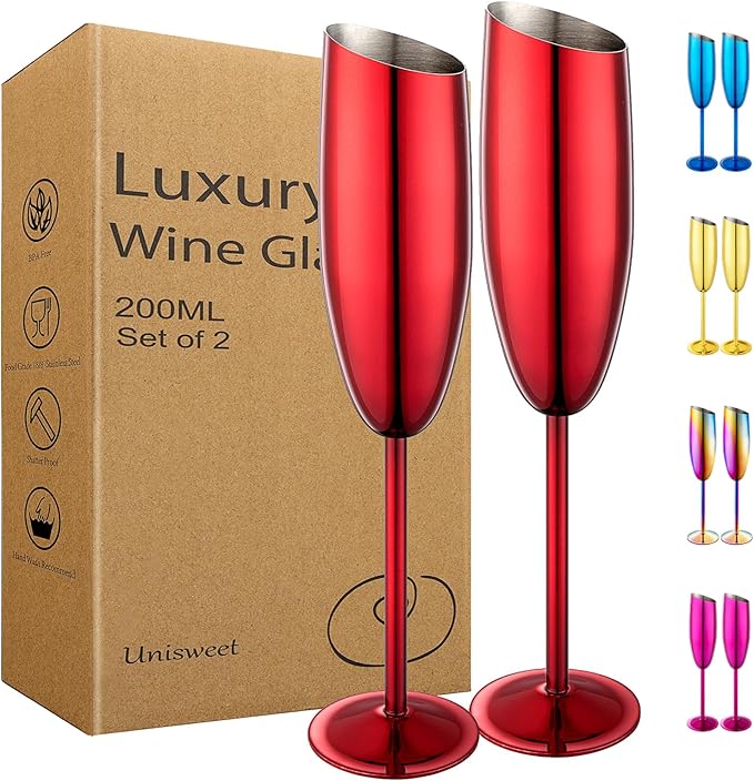 Champagne Flutes Set of 2, Premiumty Stainless Steel High Footed Champagne Glasses, 7oz Capacity,Unbreakable Slanted Champagne Glasses